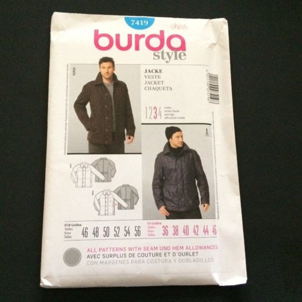 Burda 7419 Mens Jacket Sewing Pattern Snap or Button Uncut US Sz 36-46 Outdoor